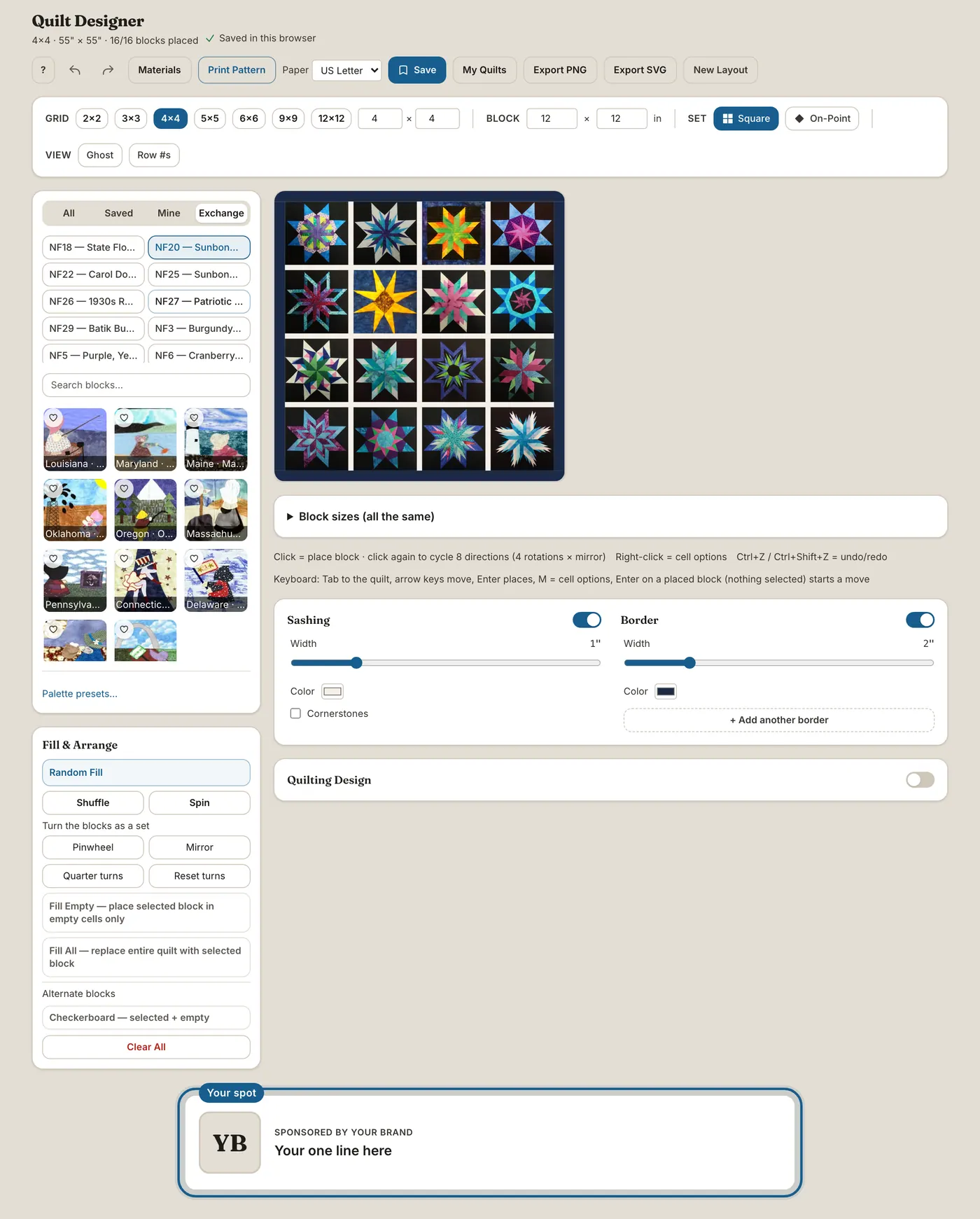 The Quilt Designer page: its toolbar, block palette and settings panels, a quilt of sixteen star blocks from NiftyFifty swaps with cream sashing and a navy border, and the sample sponsor spot under the design area, ringed and labelled Your spot