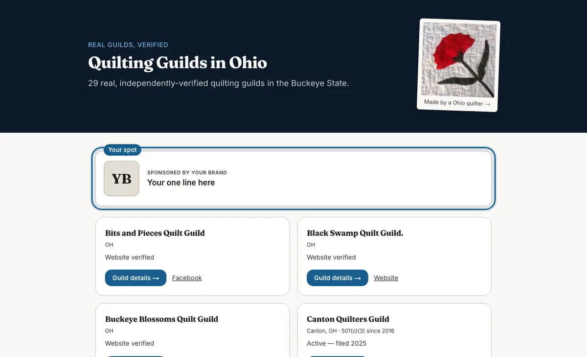 A state page of the quilt guild directory with a sample sponsor spot near the top, ringed and labelled Your spot