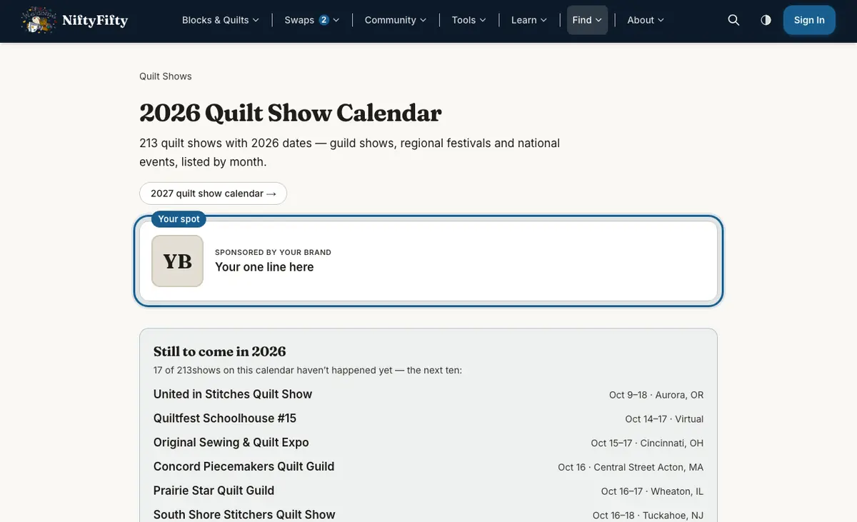 The quilt show calendar with a sample sponsor spot near the top, ringed and labelled Your spot